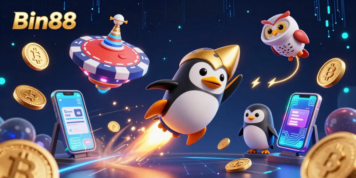Experience the thrill of Bin88 with a vibrant 3D casino illustration, blending cryptocurrency and gaming.