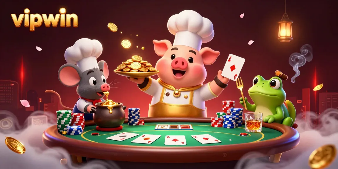 Engage with exciting winnings at vipwin featuring a 3D chef pig presenting gold coins in a lively casino environment.