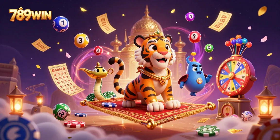 Experience the excitement of winning at 789WIN with vibrant illustrations of gambling elements and a magical tiger sultan.
