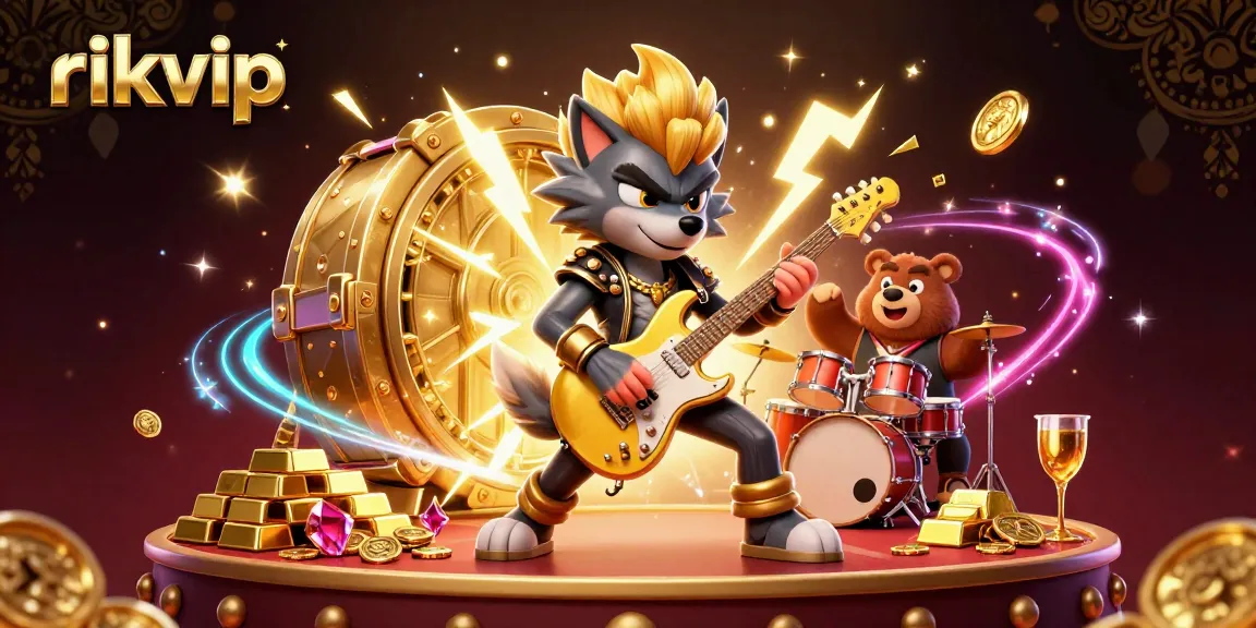Engage with rikvip's vibrant casino atmosphere featuring a rock star wolf and a bear drummer amidst golden treasures.
