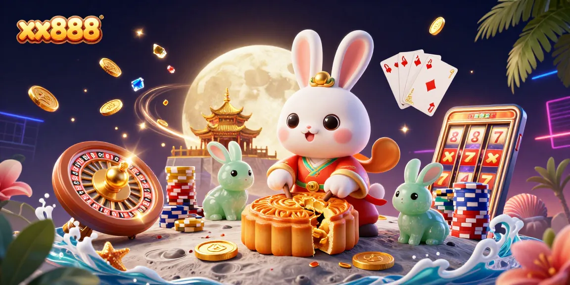 Experience the excitement of xx888 with a vibrant casino scene featuring playful moon rabbits and poker elements.