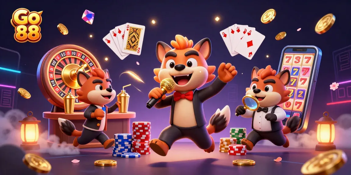 Go 88 hyenas bringing laughter in a casino scene with vibrant games and golden accents.