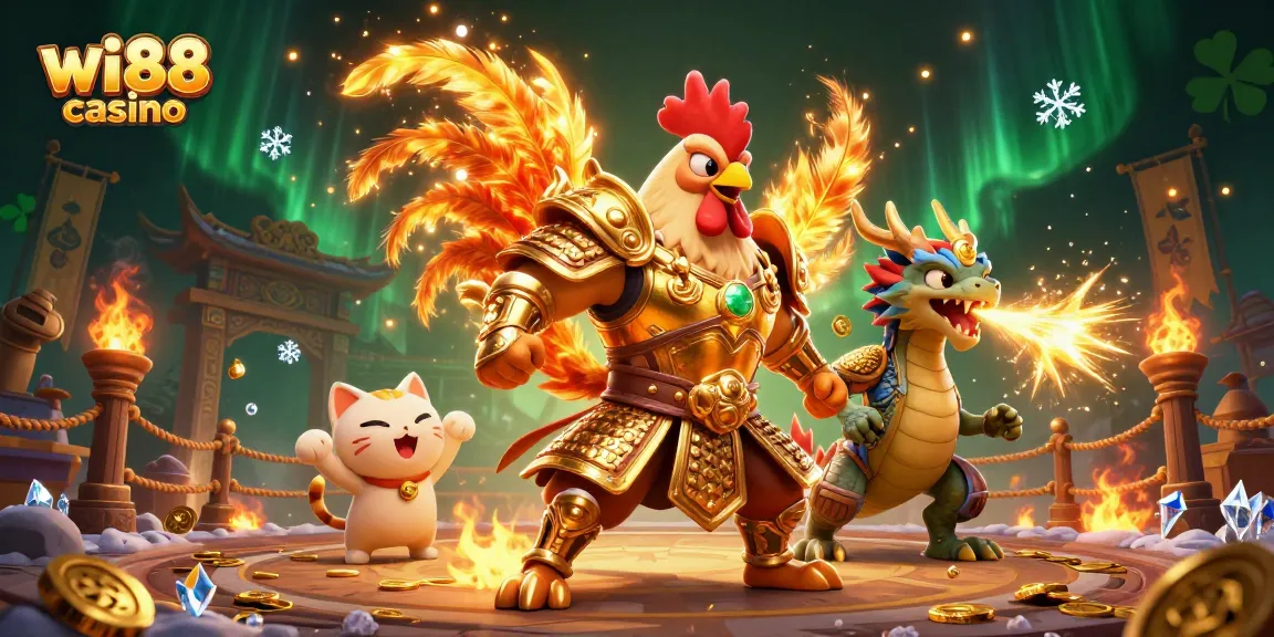 Experience the excitement of betting at wi88 casino with a dynamic 3D illustration of a fighting rooster warrior.