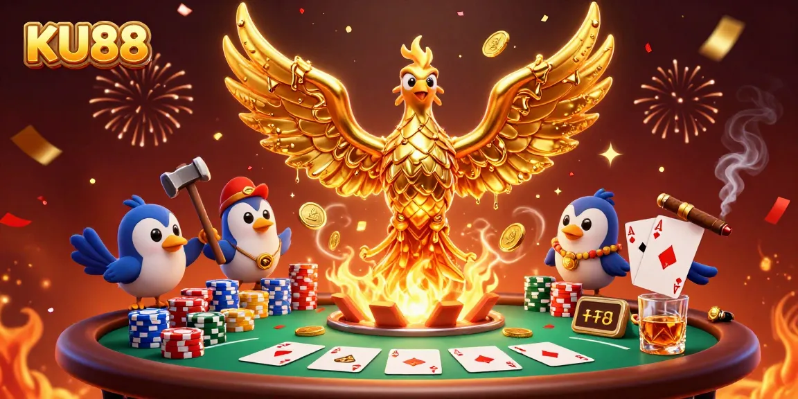 Engage with KU88's golden phoenix in an enthralling poker scene, showcasing winning strategies.