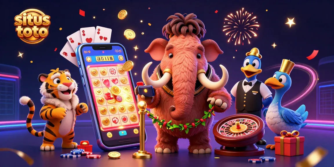 Engage with situs toto as a vibrant scene unfolds featuring lottery themed characters in a casino.
