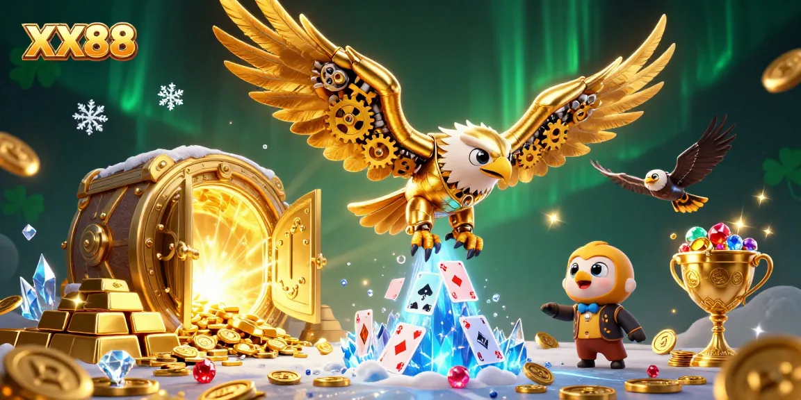 Experience thrilling gaming at XX88 with a cybernetic eagle diving through holographic cards.