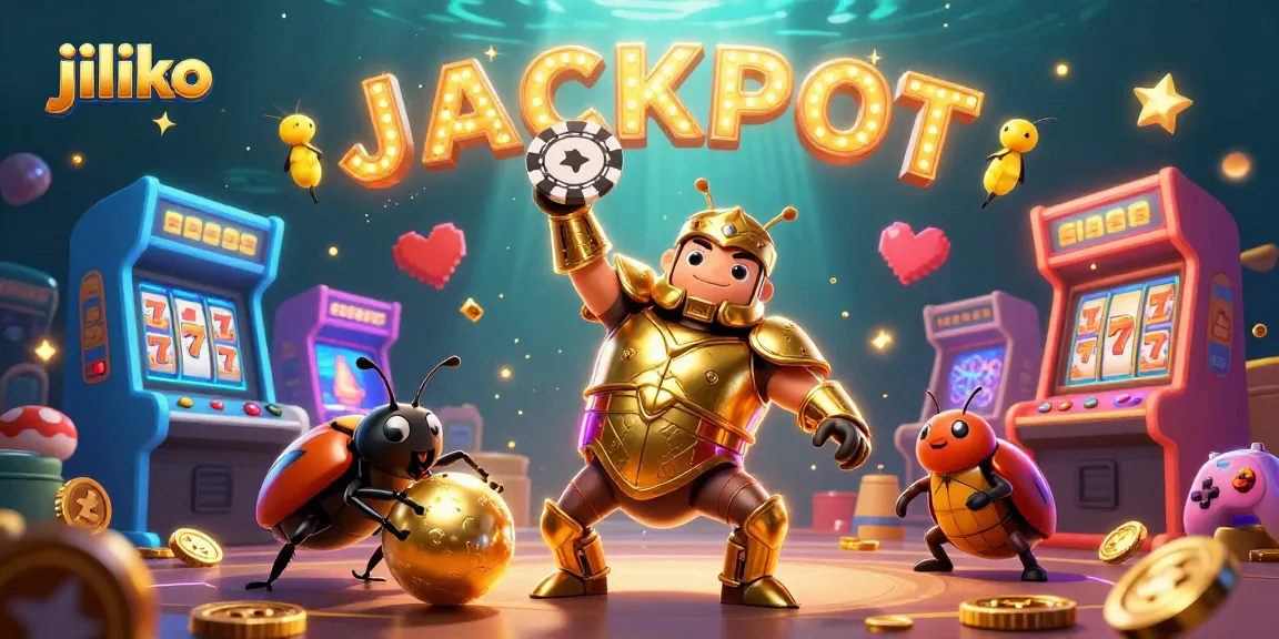 Join the thrill at jiliko with beetles celebrating a jackpot victory amidst arcade games.