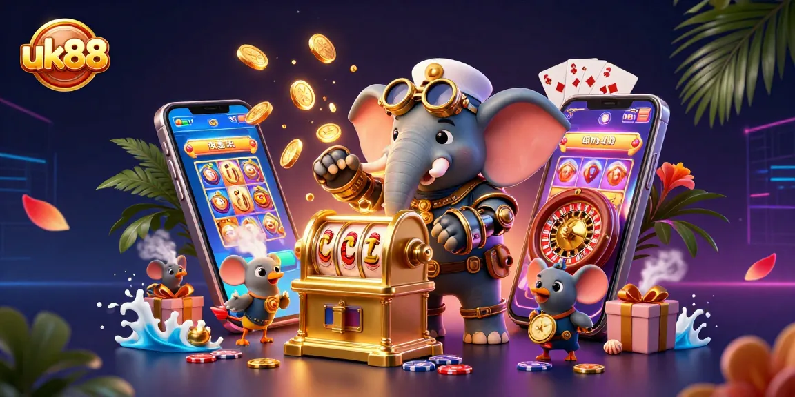 Engage in thrilling slot action at uk88 with a vibrant 3D desert island casino scene.