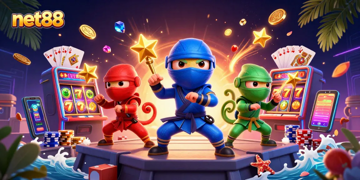 Experience the thrill of net88 with a vibrant scene of chameleon ninjas, coins, and colorful slots.