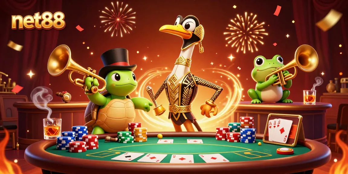 Experience dynamic fun at net88 with a 3D cartoon scene of gaming characters celebrating victory.
