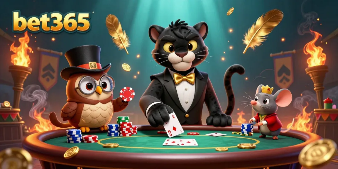 Engage in thrilling poker action with bet365, featuring a panther dealer, owl, and lucky mouse