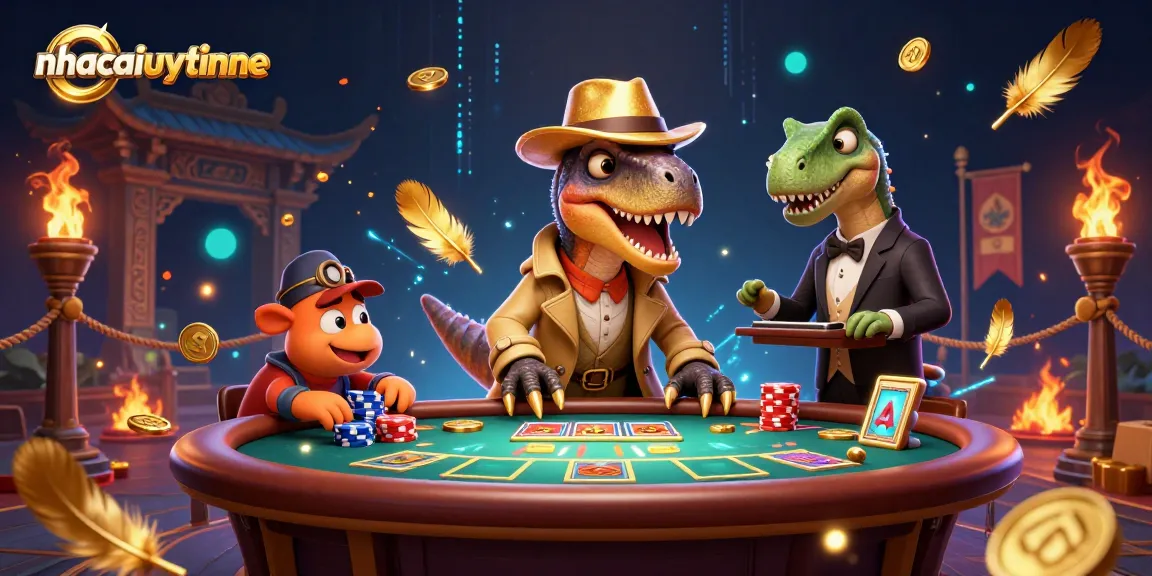 nhacaiuytinne presents a dramatic 3D scene of a velociraptor card counter at a blackjack table, surrounded by dynamic casino elements.