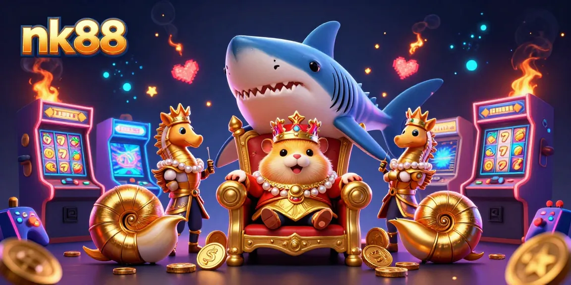 Engage in thrilling gameplay at nk88 with 3D illustrations featuring a hamster king amidst vibrant slot symbols.