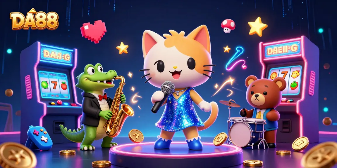 Experience DA88's vibrant casino ambiance with playful characters and slot game elements.