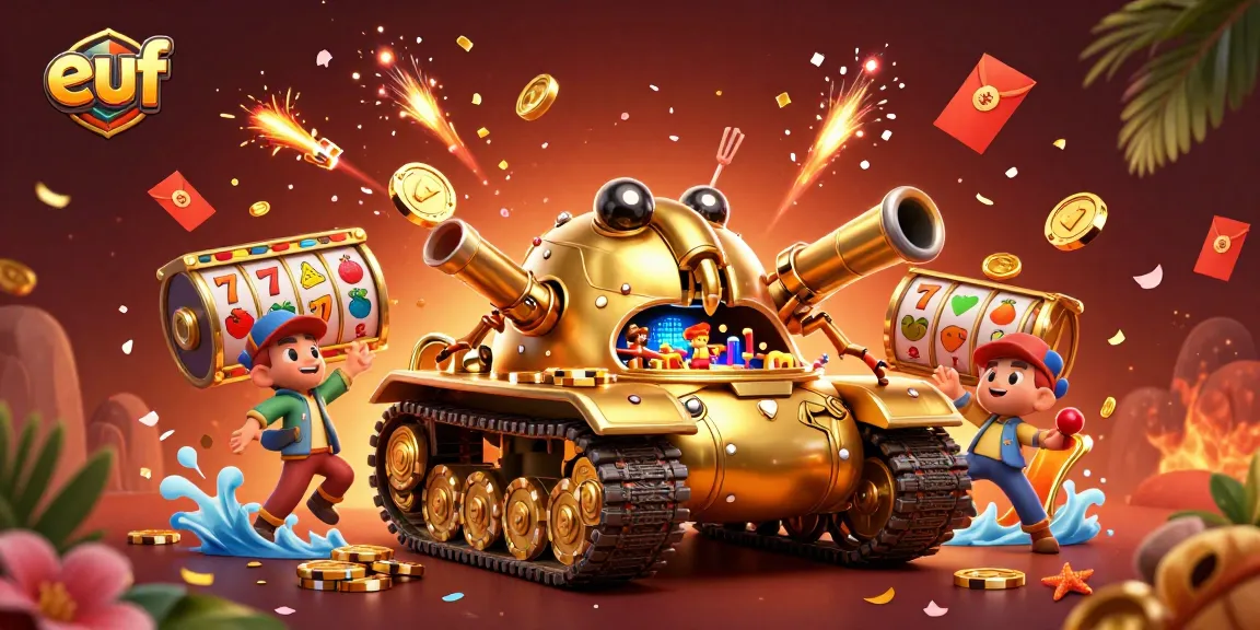 Experience exciting gaming with euf at a vibrant miniature casino inside a golden beetle tank.
