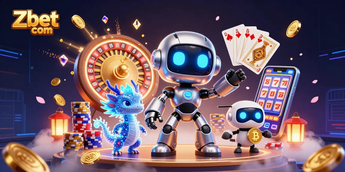 Zbet com presents an exciting scene with a cyberpunk mascot and holographic dragon amidst casino winnings.