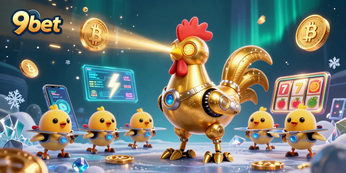 Engage with 9bet's dynamic casino experience featuring a golden rooster robot and cryptocurrencies.