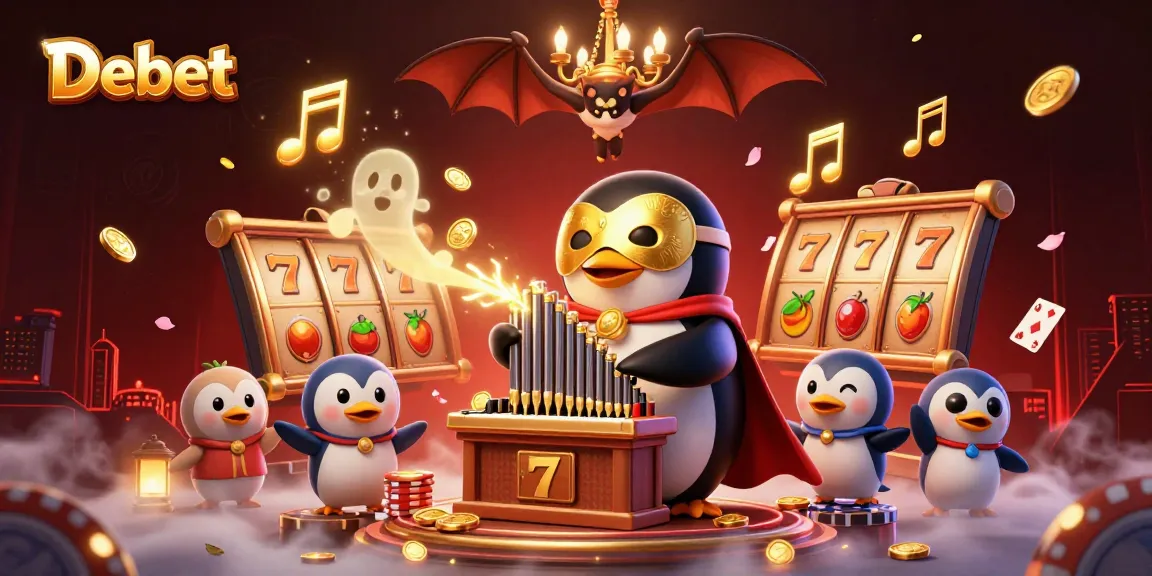 Engage with Debet through a lively scene packed with slot reels and exciting casino elements.