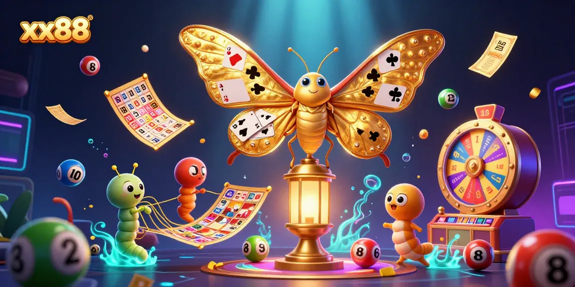 Experience the excitement of gambling at xx88 with a vibrant illustration of lottery balls, casino elements, and captivating characters.