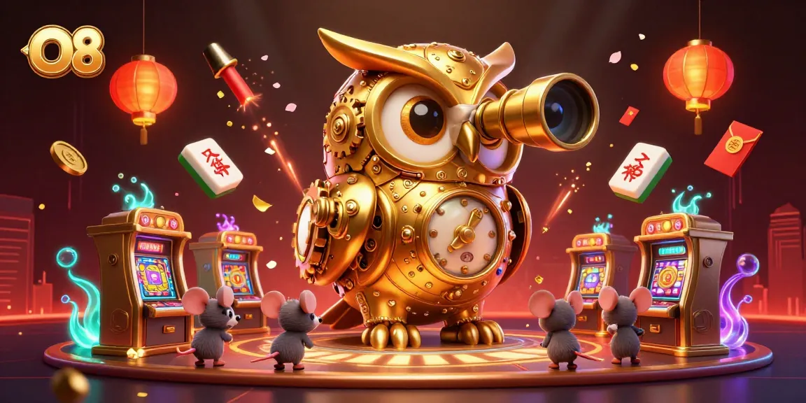 Engage in thrilling gaming action at O8 with a vibrant casino scene featuring a golden owl and mouse patrons.