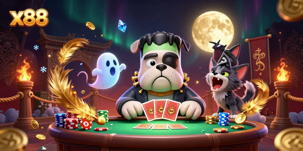 x88 enhances your casino experience with a vibrant scene of cartoon characters playing amidst golden elements.