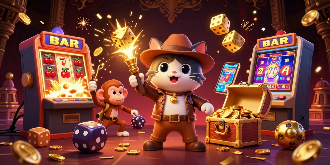 Experience the excitement of qs88 with an archaeologist cat discovering treasures in a vibrant casino scene.