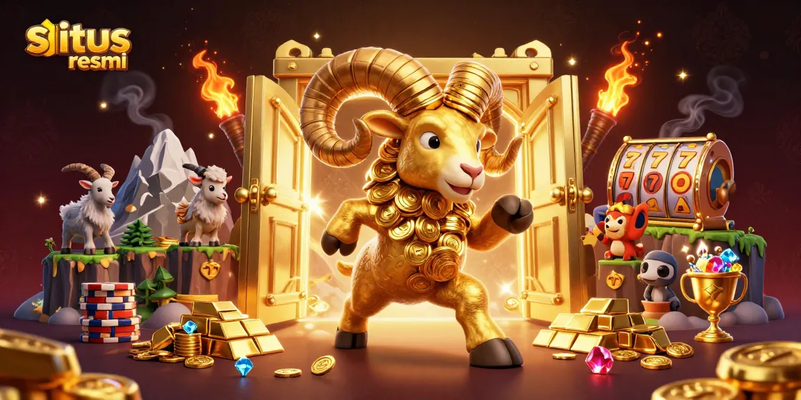 Experience exciting wins at situs slot resmi with a golden ram and dynamic game elements in a vibrant casino scene.