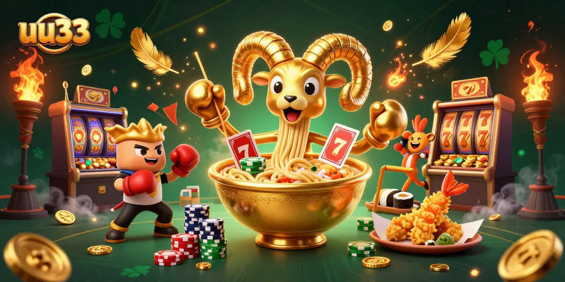 Engage in thrilling gameplay with uu33 as the golden ramen bowl dealer and friends in a vibrant casino scene.