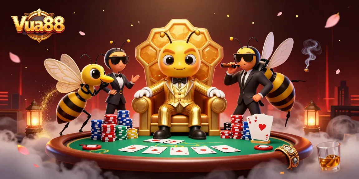 Vua88 offers a vibrant gaming experience of poker and casino action under a lively illustration scene.