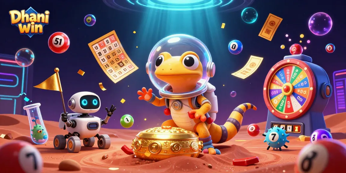 Dive into Dhani win with vibrant lottery balls, a Martian gecko explorer, and exciting gaming elements