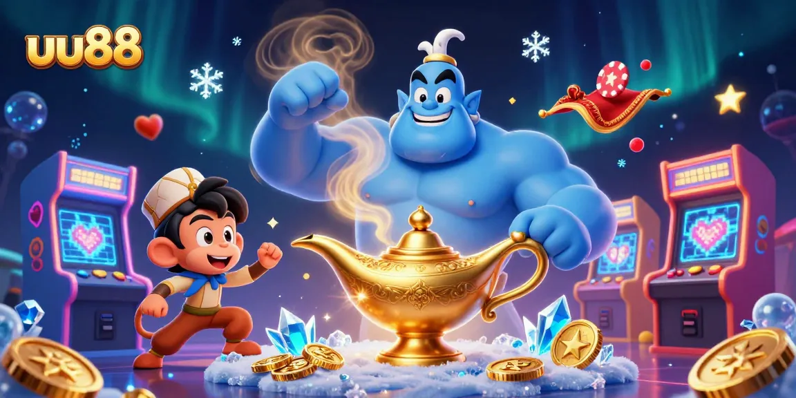 Experience thrilling gameplay at uu88 with a magical atmosphere featuring a genie and poker chips.