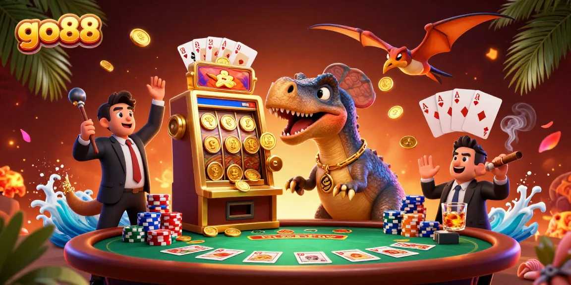 go88 casino illustration showcasing a pachycephalosaurus winning coins from a slot machine amidst a dramatic poker scene.