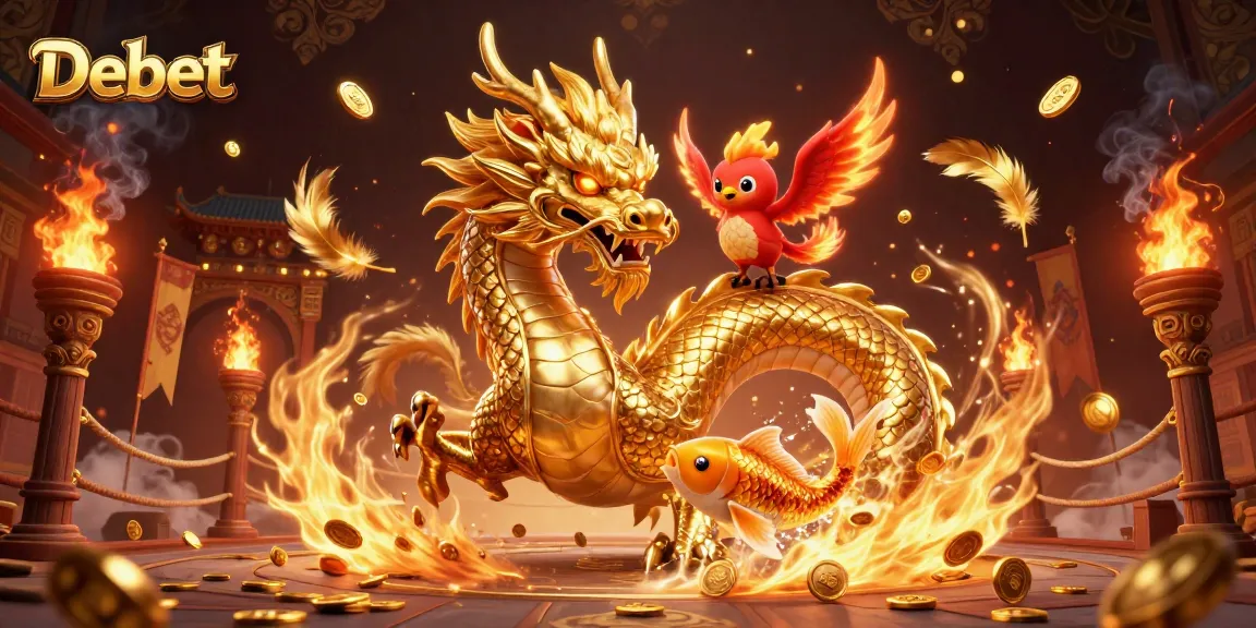 Debet gambling scene featuring a golden dragon and phoenix amidst coins and fire effects.