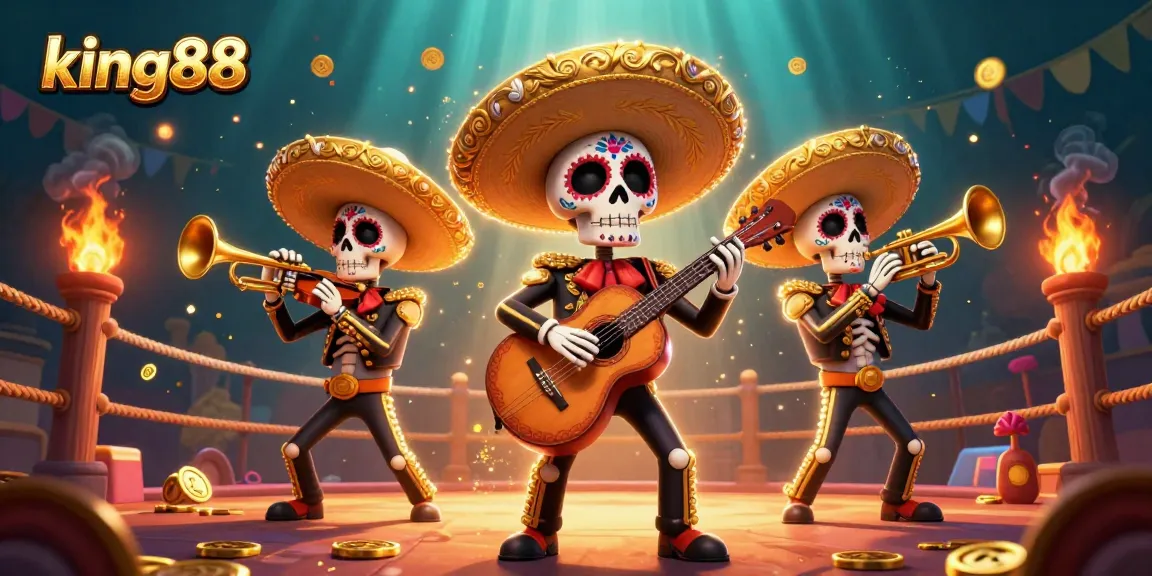 king88 gaming experience with a vibrant mariachi band, celebrating with gold coins and betting tokens.