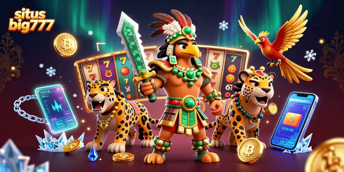 Spin to win with situs big777, featuring vibrant slot reels and charismatic warriors in a vivid casino landscape.