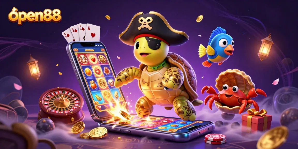 Experience exciting games at open88 with vibrant characters and dynamic casino elements in this colorful illustration.