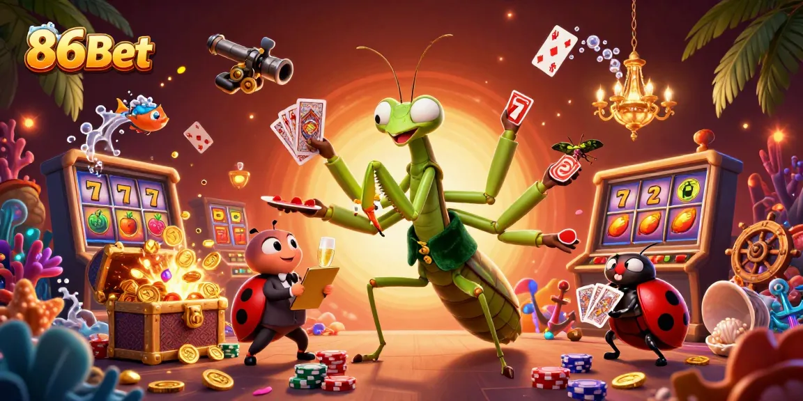 86Bet showcases a vibrant casino scene with a giant mantis card sharp and ladybug pit boss, featuring slots and gold treasures.
