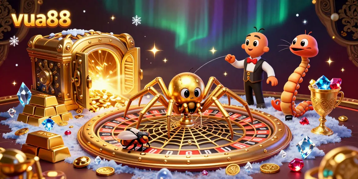 Engage with exciting gameplay at vua88 with a golden spider spinning a roulette web in a vibrant casino scene.