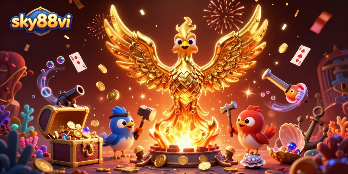 Experience immersive gaming at sky88vi with vibrant casino-themed artwork and golden phoenix.
