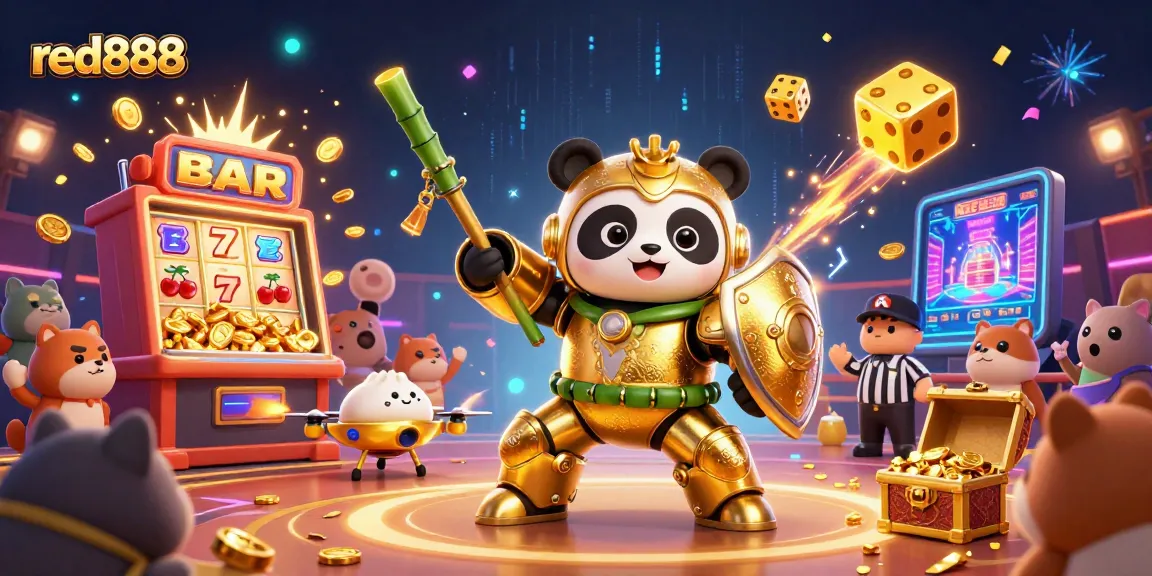 Engage with red888's vibrant casino world featuring a golden panda and dynamic jackpots.