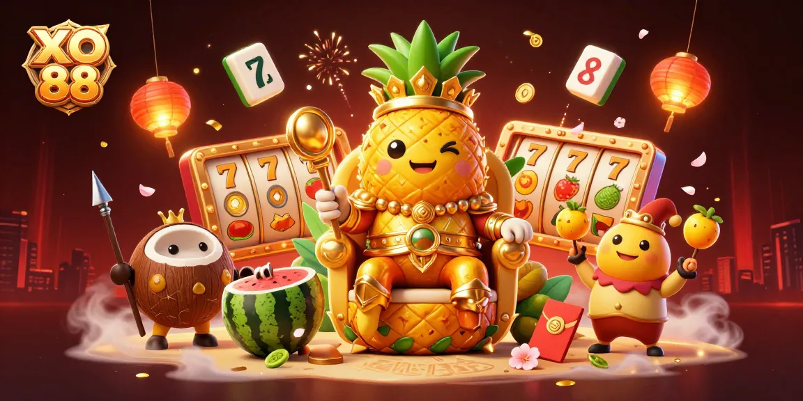 Engage players with the vibrant XO 88 casino scene featuring a pineapple king and slot games.