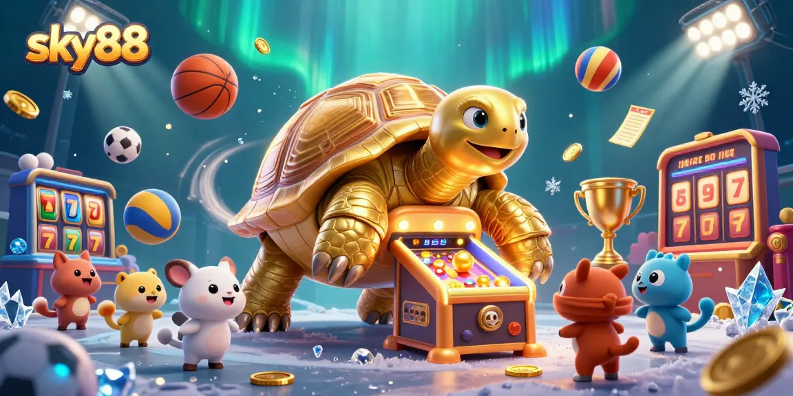 Experience the thrill of sky88 with an engaging 3D casino scene featuring a golden tortoise pinball machine amidst sports excitement.