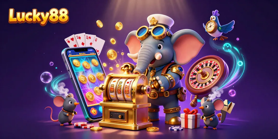 Spin the Lucky88 slot and win big with this vibrant steampunk-themed casino scene.