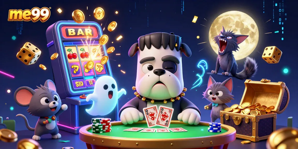 Join the fun at me99 with a Frankenstein bulldog and friends at a vibrant casino scene.