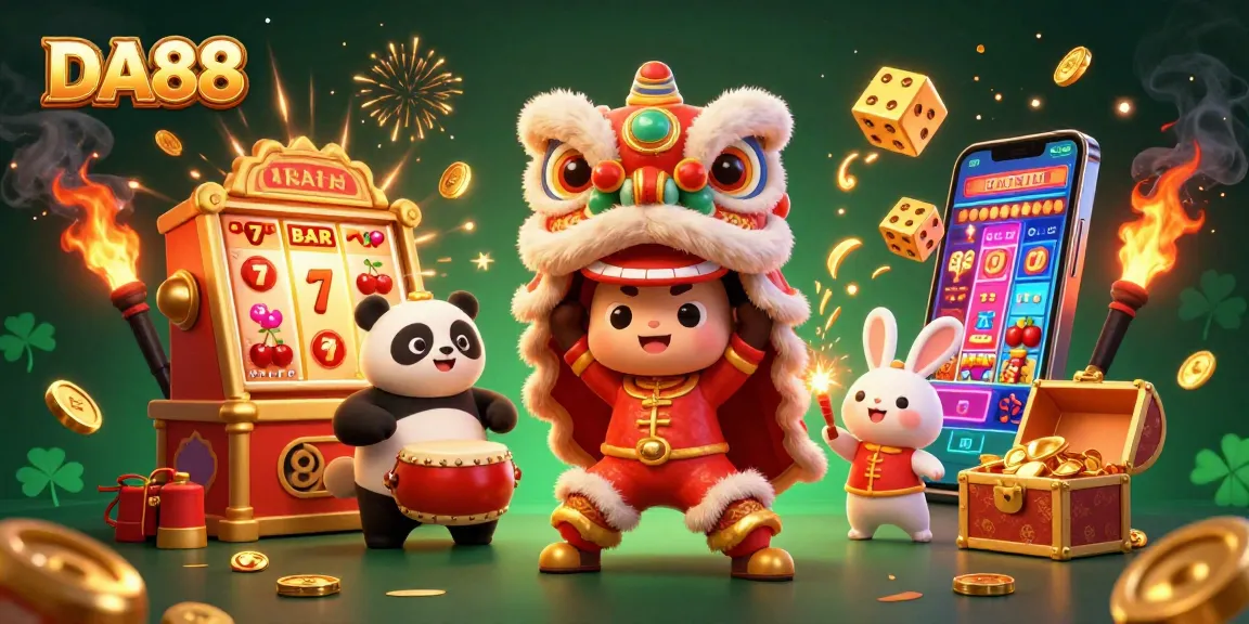 Experience the thrill of DA88 with a vibrant casino scene featuring iconic elements and lively characters.