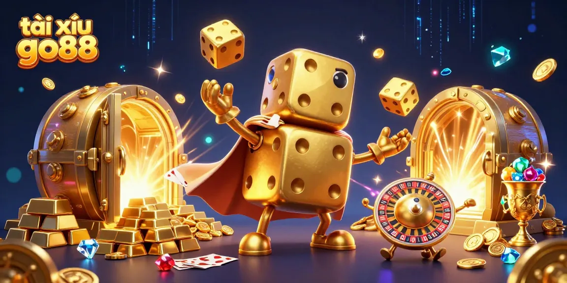 Experience tài xỉu go88 excitement with our animated golden dice golem in a vibrant casino scene.