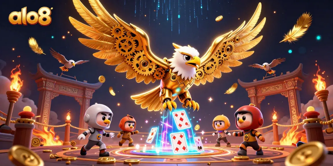 Experience thrilling excitement at alo8 with a 3D eagle flying through holographic cards amidst a vibrant casino backdrop.