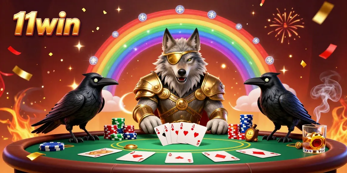 Join the excitement of 11win with an epic 3D illustration featuring Odin and ravens amidst vibrant casino elements.