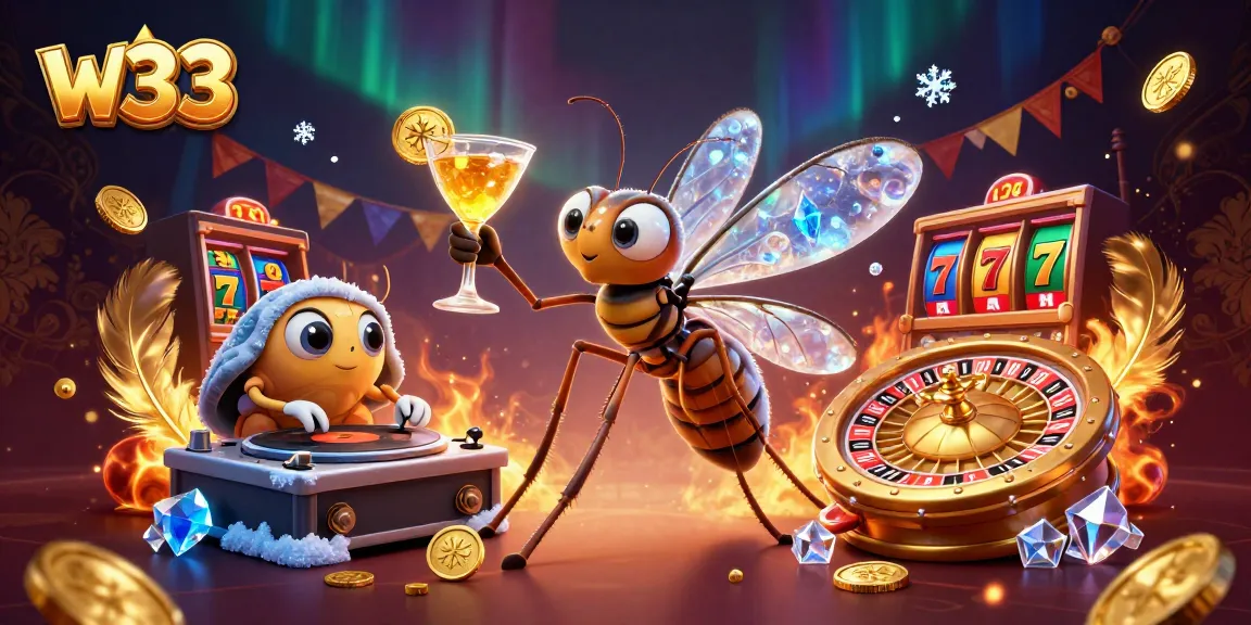w33 casino scene showcasing a frozen mosquito mascot, trilobite DJ, and ammonite roulette wheel amid vibrant gaming elements.