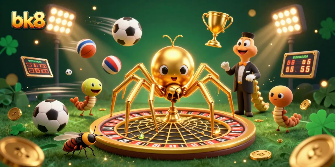 Bet on bk8 with immersive 3D casino action featuring a golden spider and vibrant sports elements.